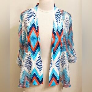 Multiples Blue White Red Aztec 3/4 Button Sleeves Western Perforated Cardigan PM